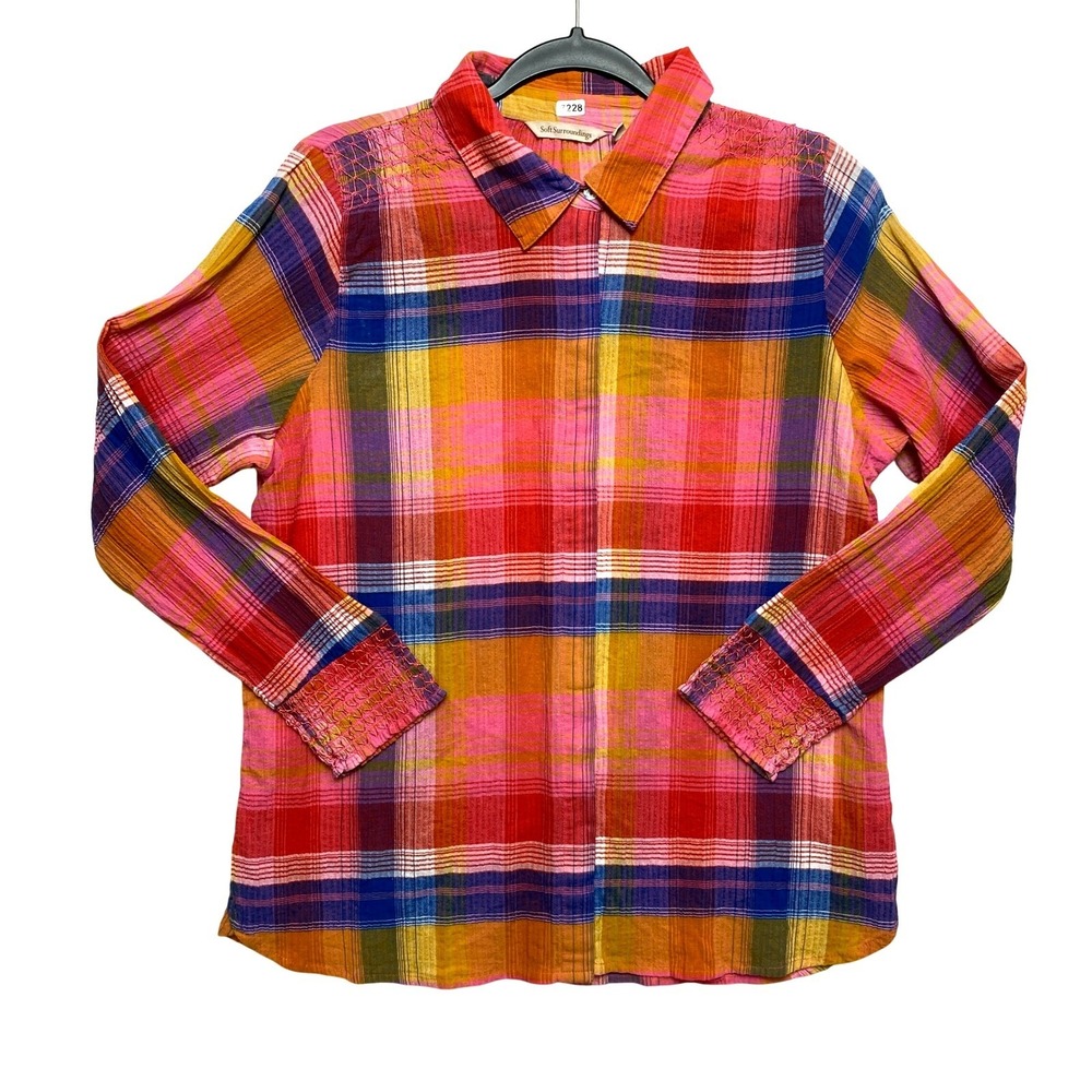 Soft Surroundings Plaid Button Down Shirt Long Sleeve Cotton Womens Size PM